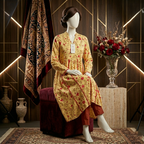 Sitting view showing the flow and detail of the ZH2 Store floral lawn kurti in a luxury studio setting.