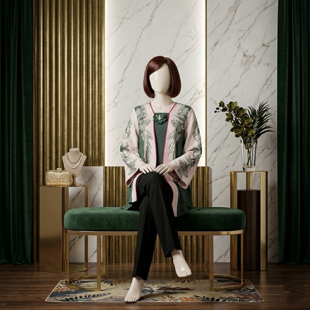 Luxury studio shot of the ZH2 Store kurti styled on a green velvet bench.