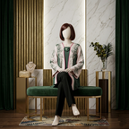 Luxury studio shot of the ZH2 Store kurti styled on a green velvet bench.