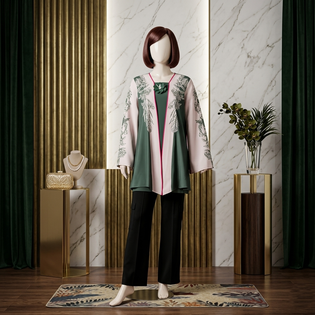 Front view of ZH2 Store emerald and pink embroidered luxury kurti in a gold-accented studio.
