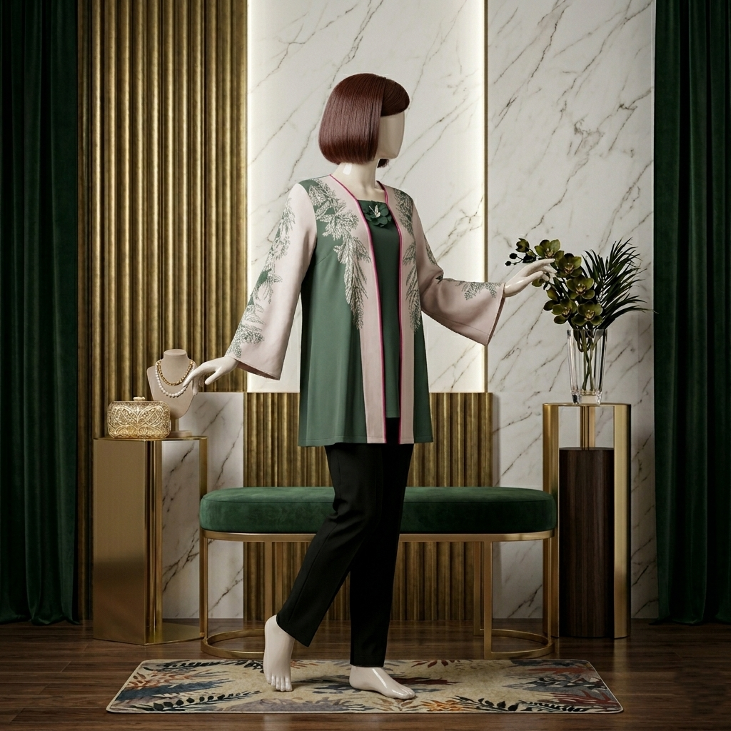 Side profile of the embroidered kurti showing sleeve detail and flow.