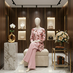 Seated view of the ZH2 Store blush pink floral kurti in a luxury boutique setting.