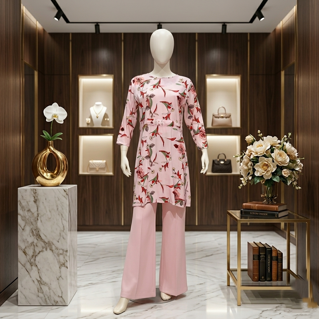 Full front view of the floral print kurti on a mannequin, showcasing the elegant print and fit.