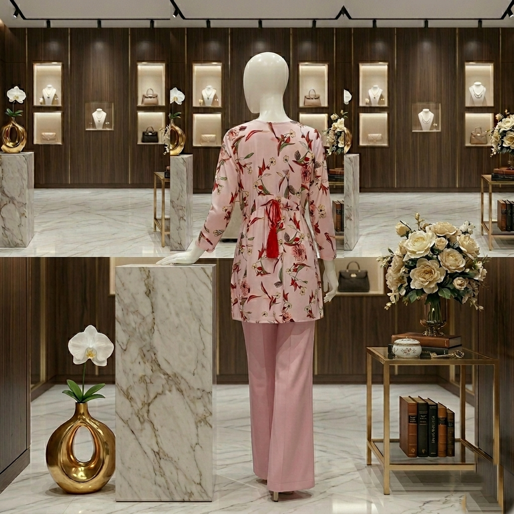 Back view of the ZH2 Store pink floral kurti showing the red tassel drawstring detail.
