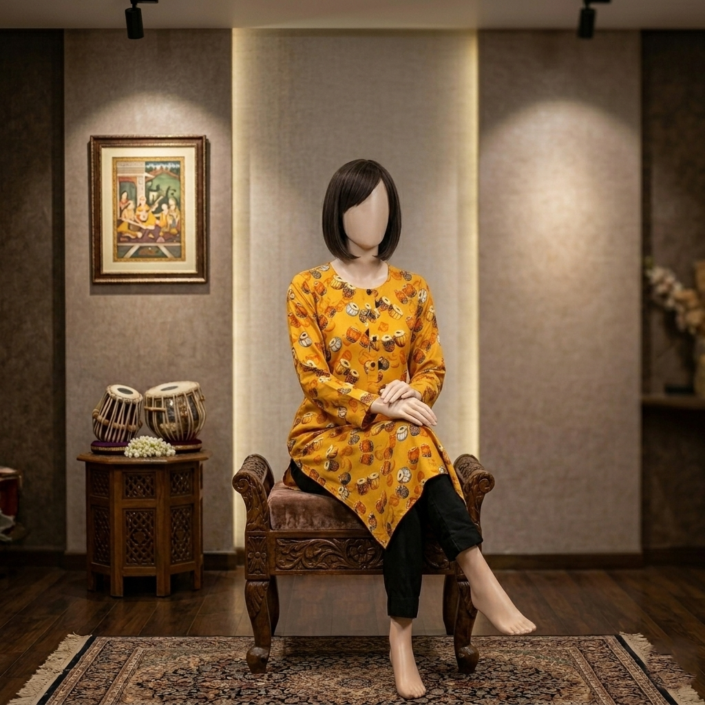 Ensure you add alt text to your images like: "Woman's yellow kurti with tabla print on mannequin in a traditional art-filled room" to improve Google Image Search ranking.