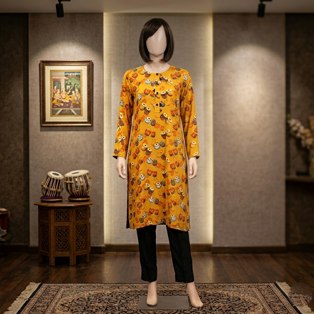 Mannequin wearing a yellow patterned dress in a room with a wall painting and decorative items.