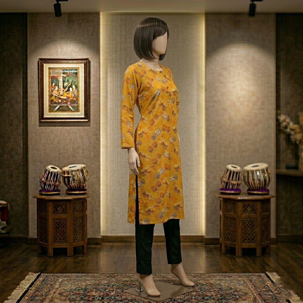 Mannequin wearing a yellow floral dress in a room with decorative elements