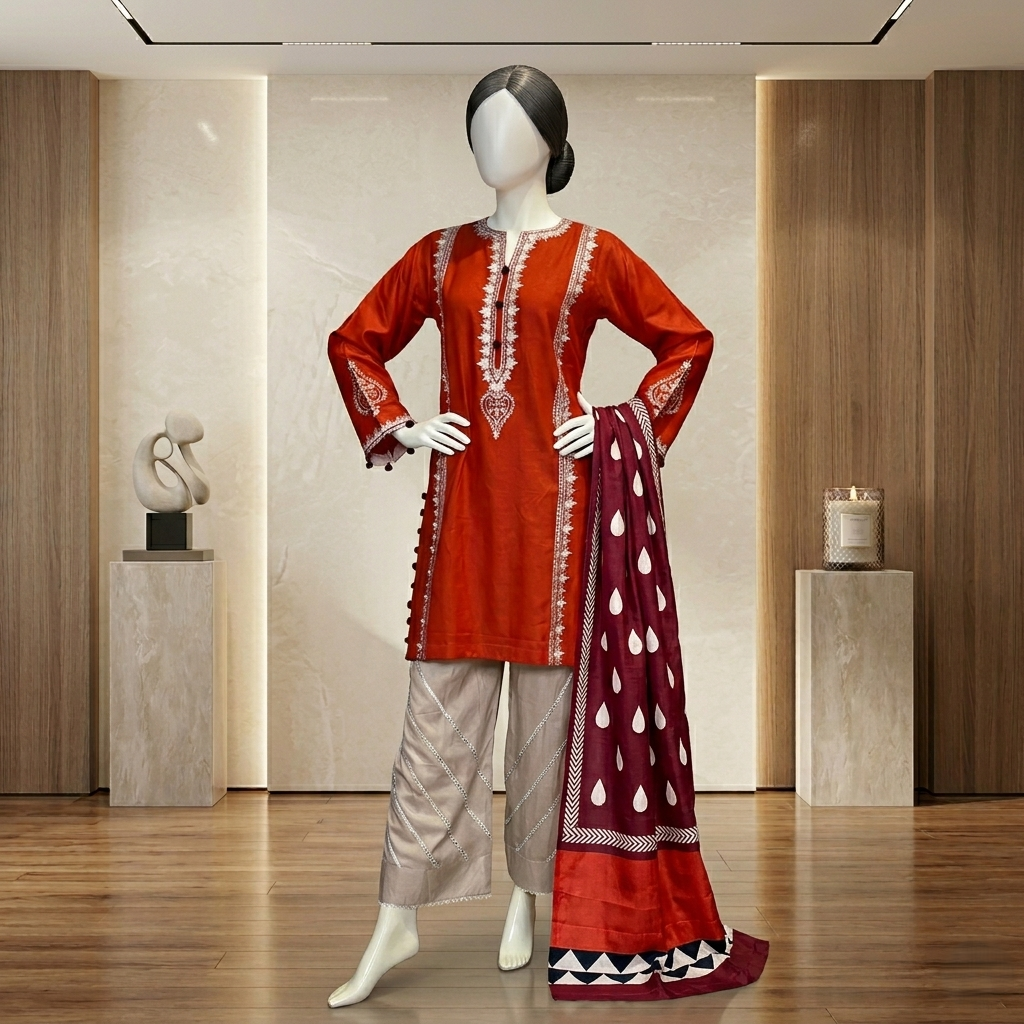 ZH2 Crimson & Cream Traditional Embroidered 3-Piece Suit (CSS-3011)