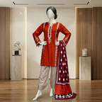 ZH2 Crimson & Cream Traditional Embroidered 3-Piece Suit (CSS-3011)