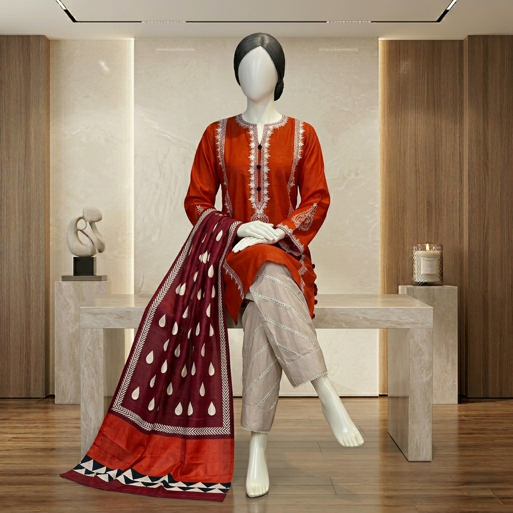 ZH2 Crimson & Cream Traditional Embroidered 3-Piece Suit (CSS-3011)