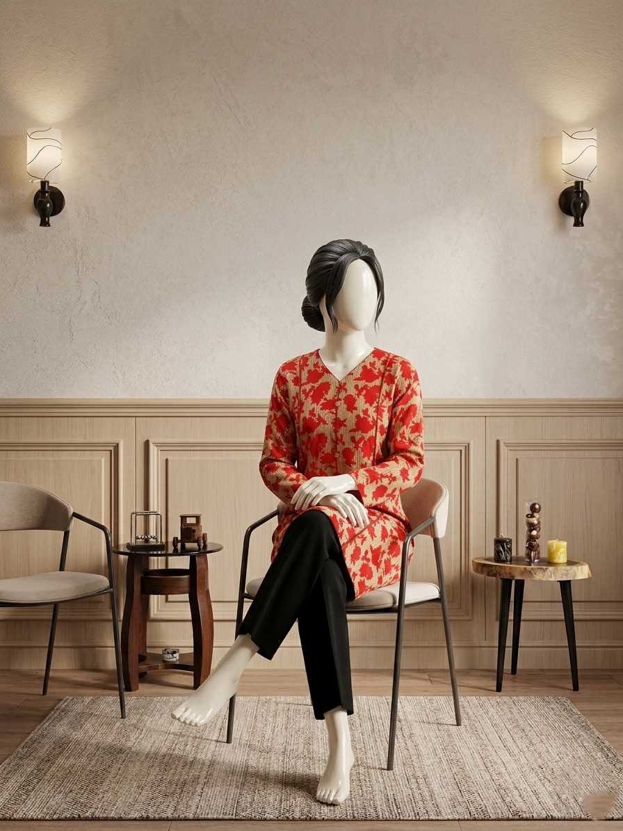 Mannequin wearing a red and beige floral print long shirt with a V-neckline and black trousers in a modern living room setting
