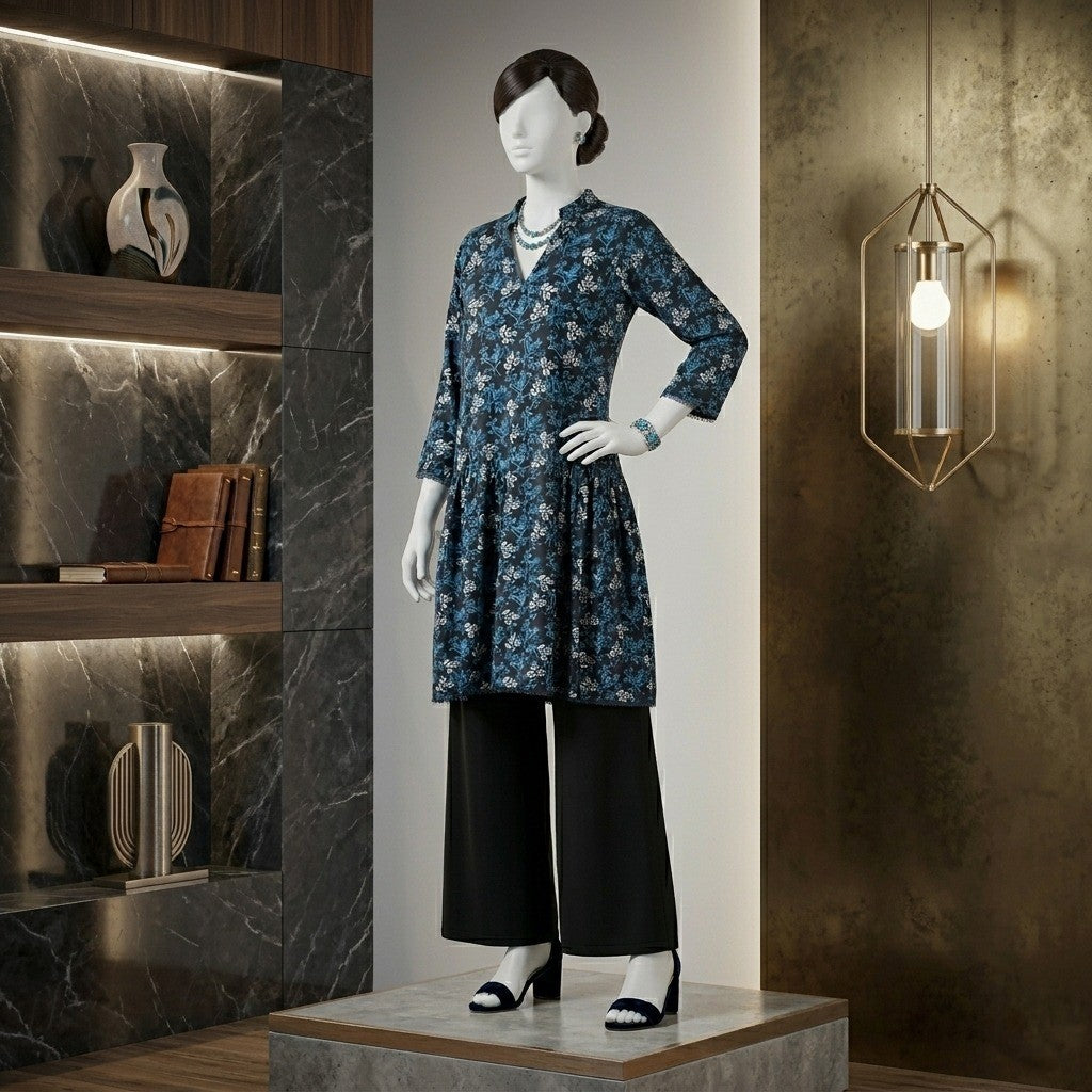 Side-angled view of a women's ethnic floral kurti in navy and turquoise, highlighting the pleated waistline and comfortable fit for casual wear.