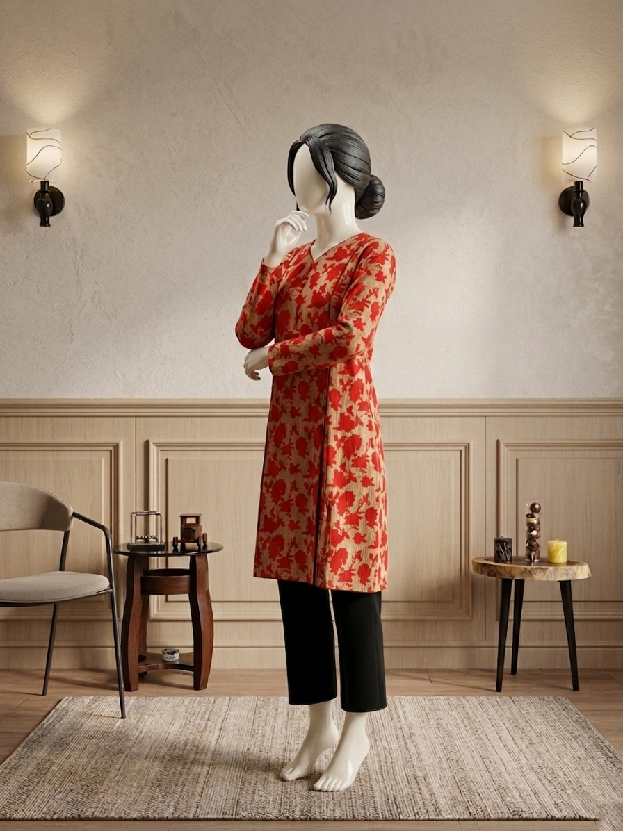 Mannequin wearing a red and beige floral print long shirt with a V-neckline and black trousers in a modern living room setting