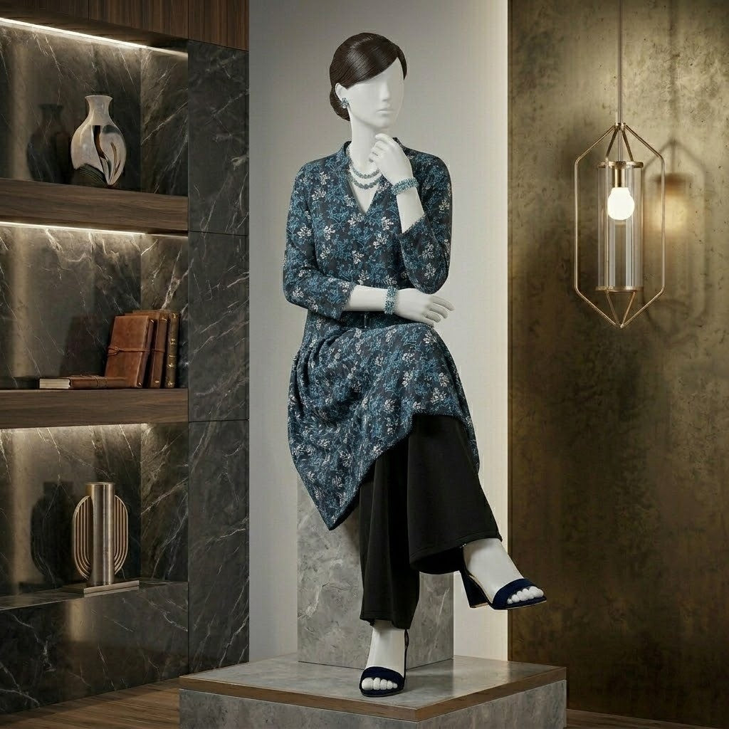 A seated mannequin showcasing the drape and fabric of a dark teal floral print long shirt featuring intricate botanical patterns and quarter sleeves with lace trim.