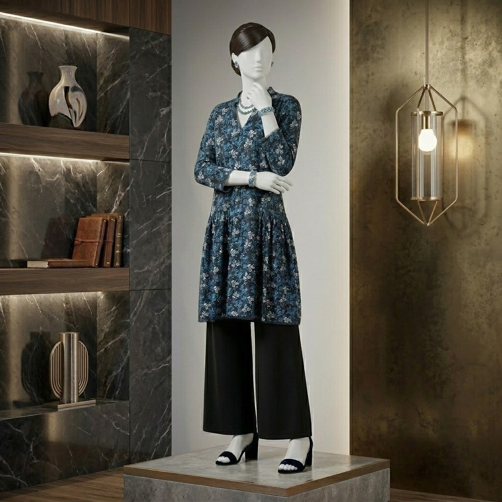 Front view of a mannequin wearing a midnight blue 1-piece floral tunic with a V-neckline and tiered skirt detail, paired with black wide-leg trousers in a modern interior setting.