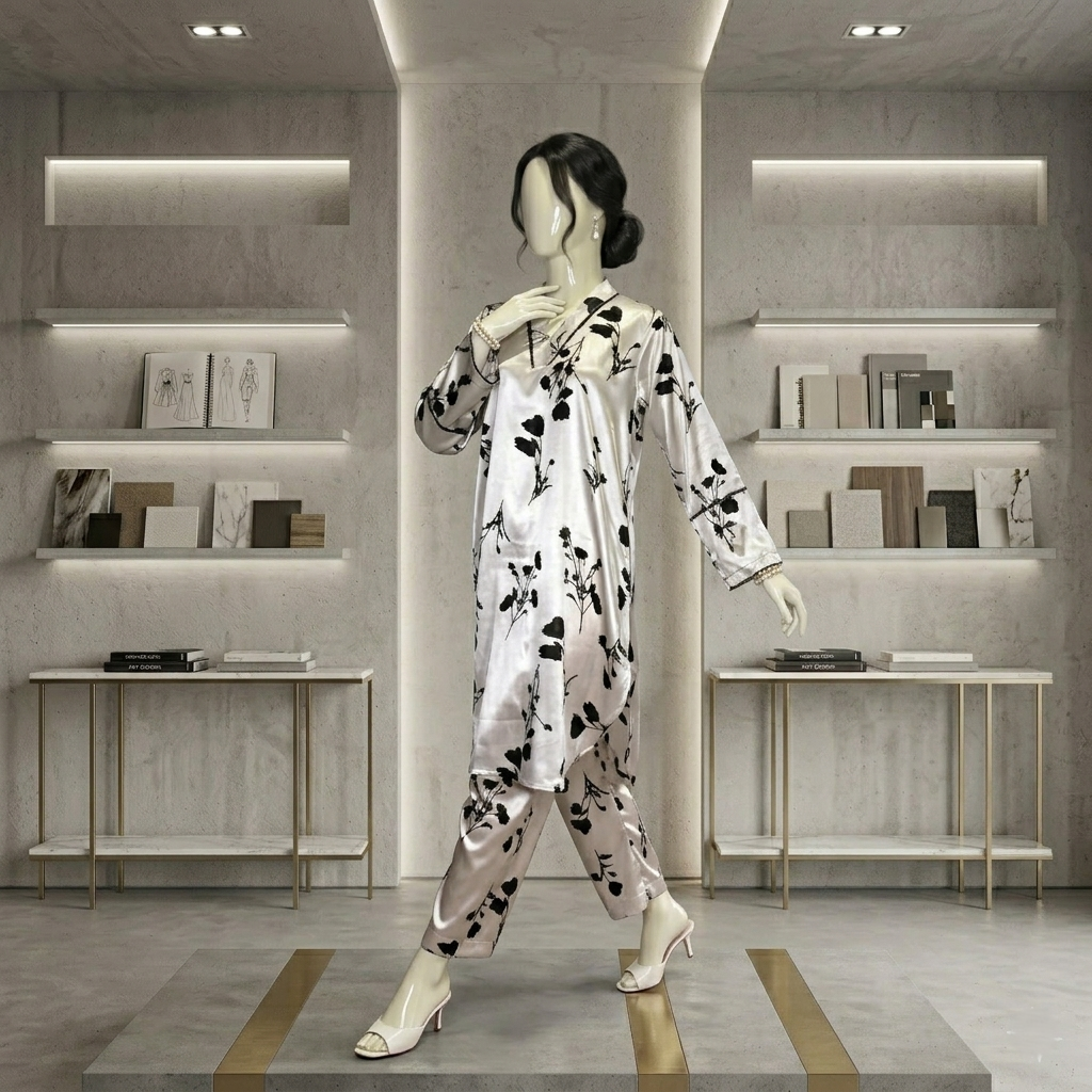 Front view of a mannequin displaying a matching 2-piece silk-satin tunic and trouser set in ivory and black botanical print. The product features an elegant V-neckline with delicate dark piping, set against a professional, high-end studio showroom backdrop.