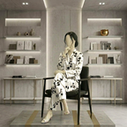 A luxury 2-piece monochromatic silk-satin matching suit displayed on a mannequin sitting gracefully in a modern black lounge chair. The premium fabric catches the light inside a minimalist, aesthetic retail boutique environment.