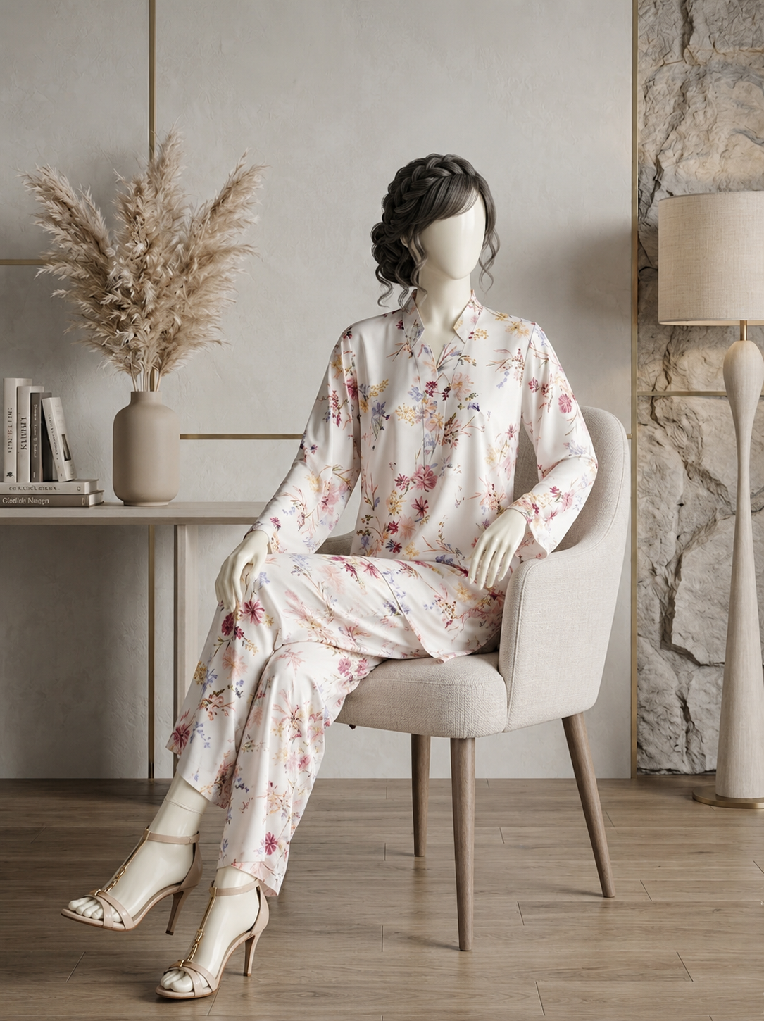 Side angle of a mannequin seated on a chic chair wearing a premium 2-piece traditional floral printed coordinate set.