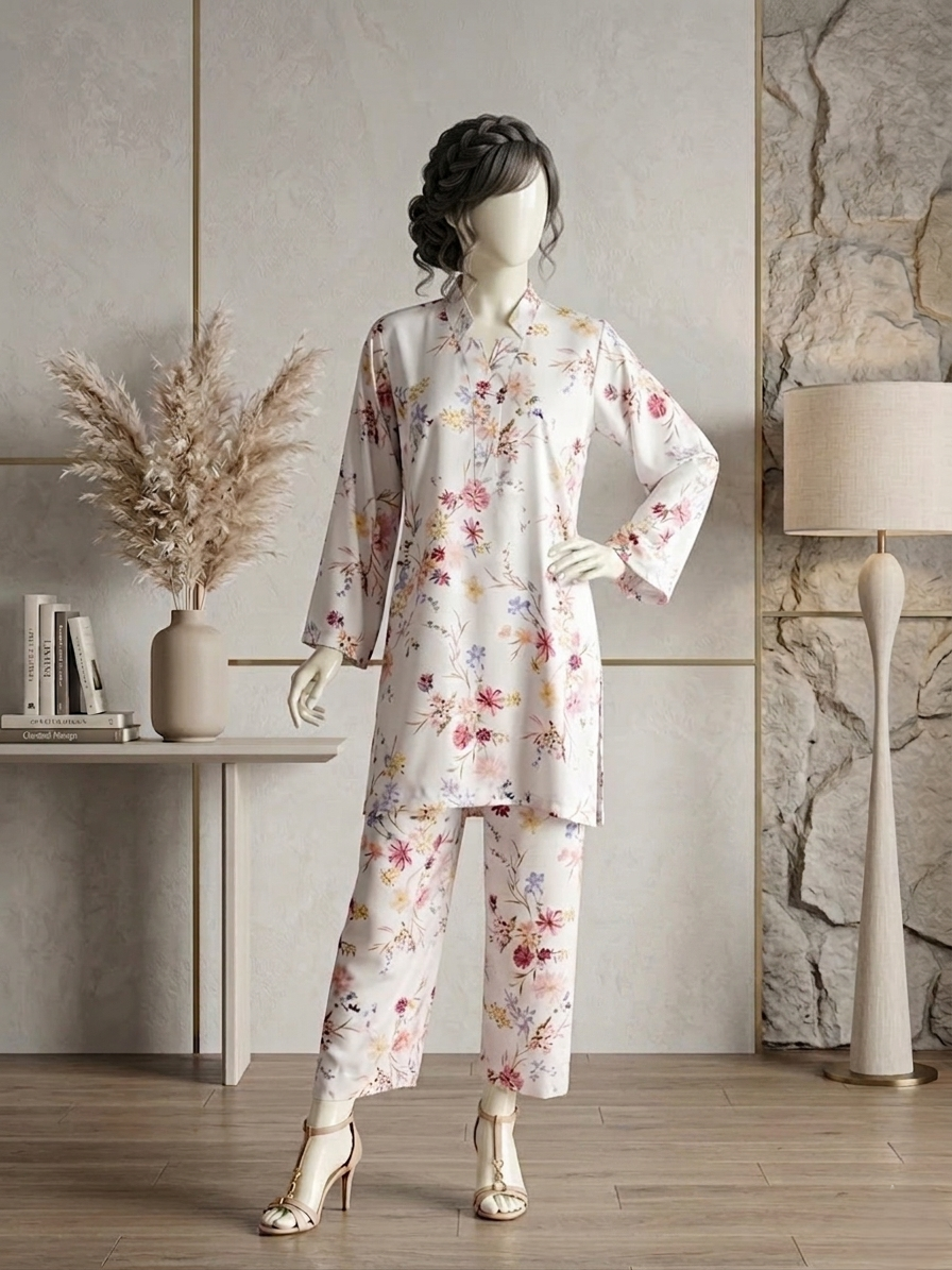 Front view of a mannequin wearing an ivory 2-piece floral printed traditional suit with straight trousers.coordinate set.