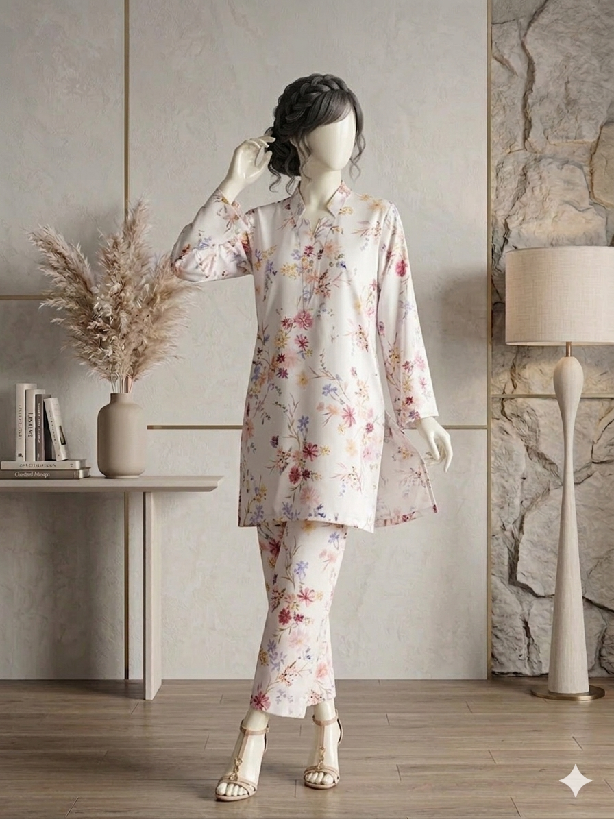 Full-length standing view of a traditional 2-piece floral printed tunic and matching trouser set.