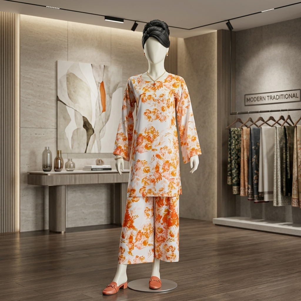 The classic straight-on mannequin shot provides a clear, symmetrical view of the entire print pattern from top to bottom