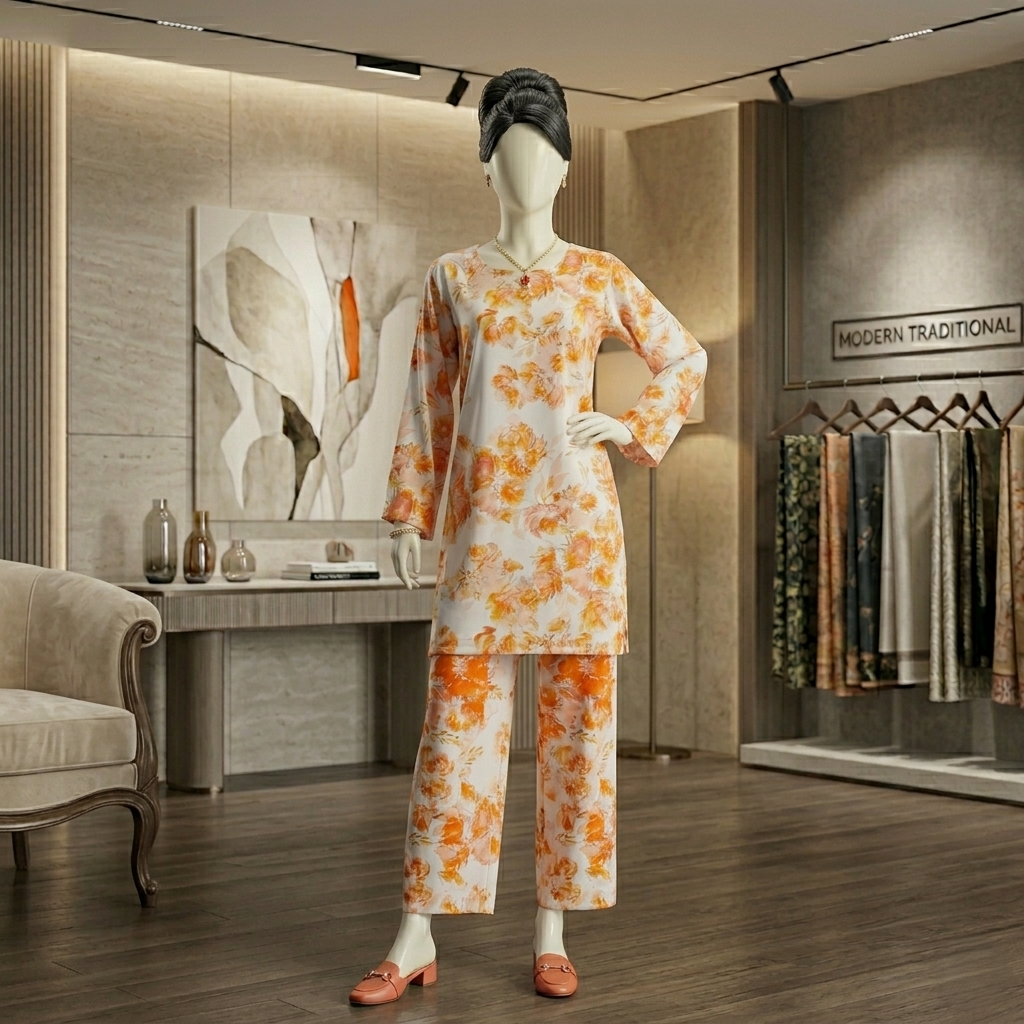 The standing pose with the hand on the hip shows off the fit, drape, and confidence of the outfit beautifully as a hook