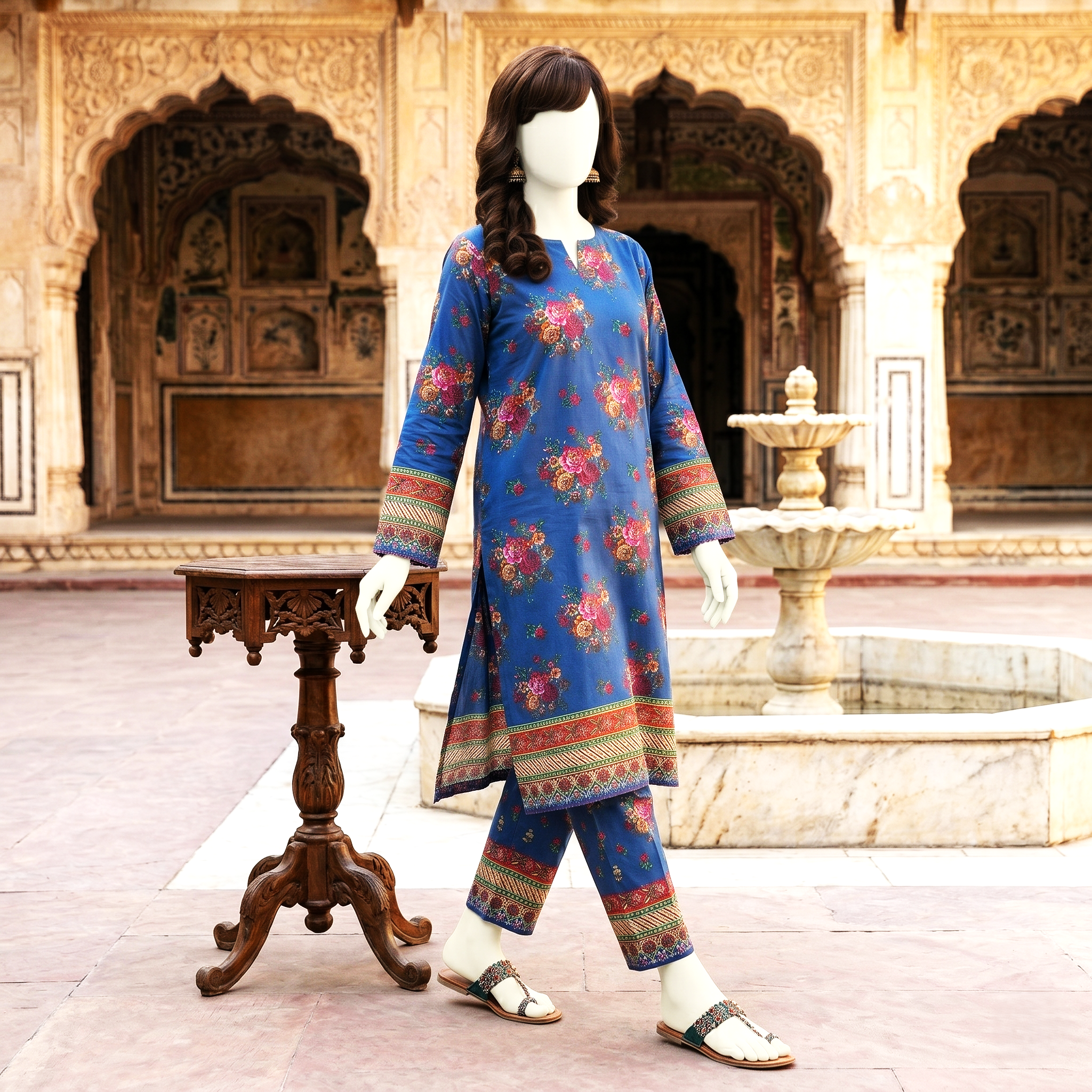 Side angle view of the blue floral print unstitched cotton lawn suit, highlighting the pattern and border details on the shirt and trousers.