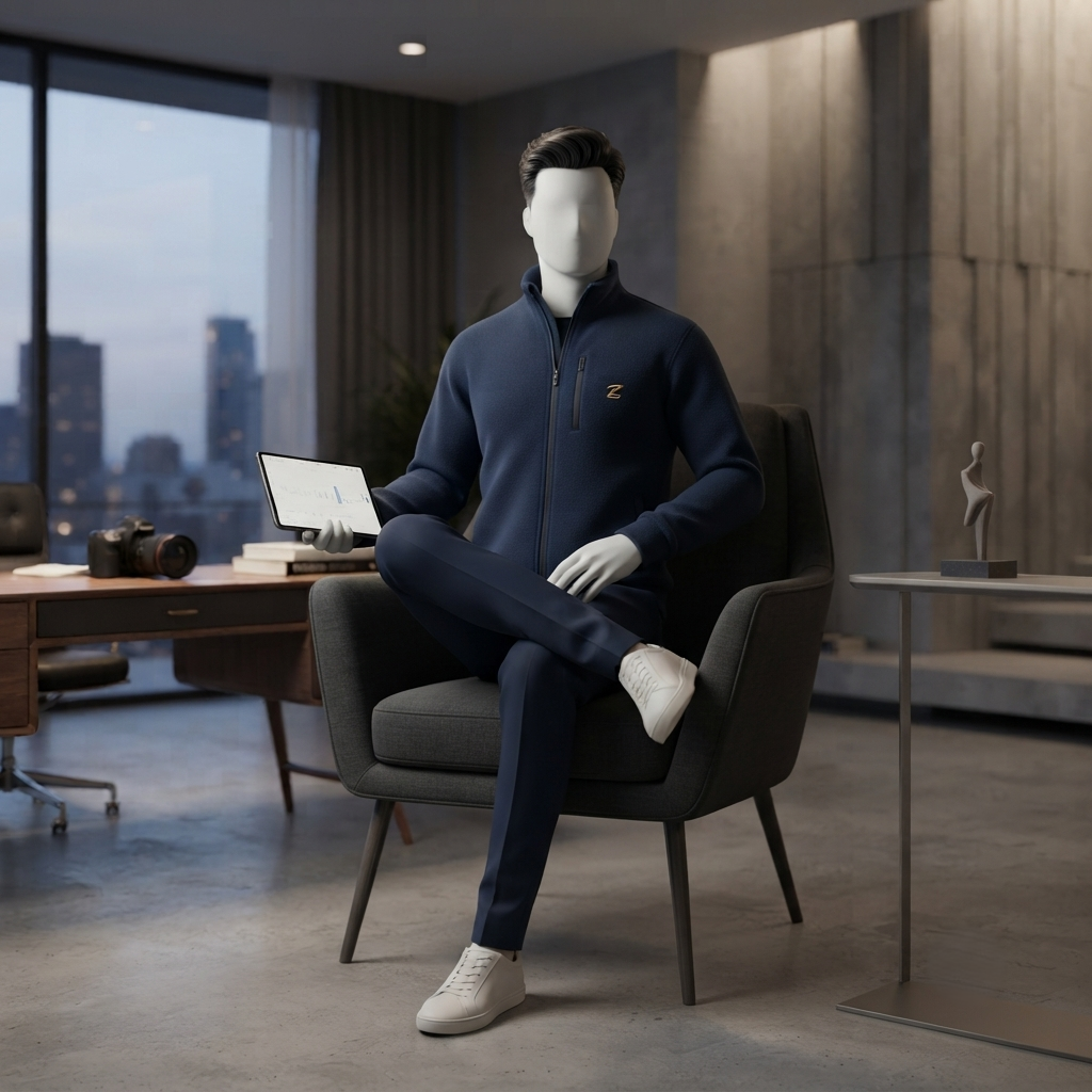 Mannequin seated in a modern office chair, highlighting the comfort and design of the ZH2 Store men's jacket.