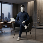 Mannequin seated in a modern office chair, highlighting the comfort and design of the ZH2 Store men's jacket.