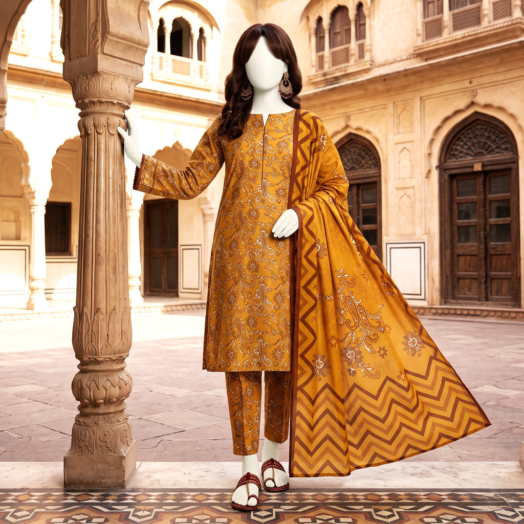 Front view of a mannequin in a mustard yellow paisley printed 3-piece unstitched suit available at ZH2 Store.