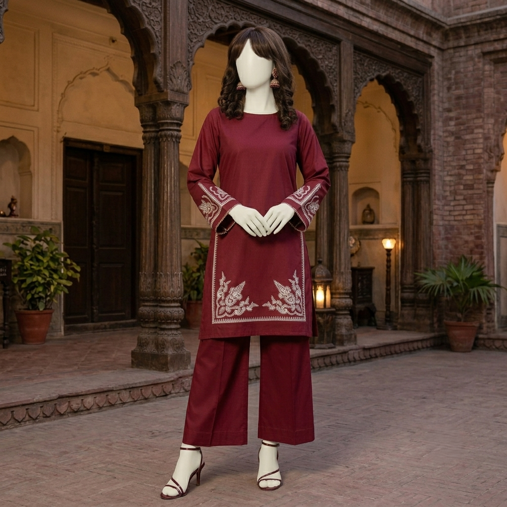 Premium 2-piece embroidered unstitched lawn suit collection by ZH2 Store, featuring a 1.2-meter embroidered shirt and 2.2-meter trouser fabric with intricate ethnic designs displayed on a mannequin.