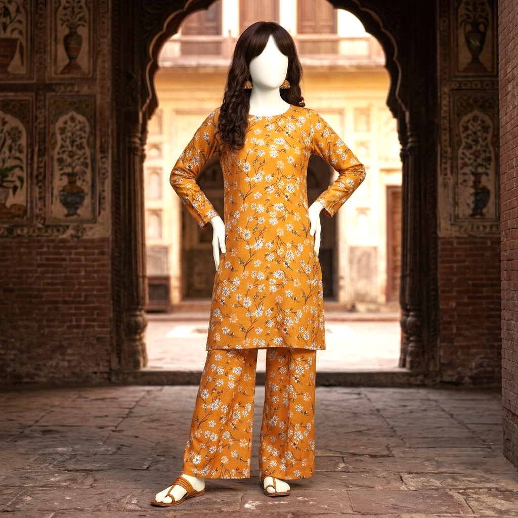 Full-length aesthetic display of the mustard floral 2-piece suit featuring a shirt and matching trouser fabric by ZH2 Store.