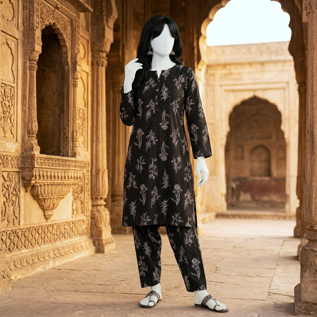 "Woman modeling a premium cotton-silk unstitched 2-piece suit with elegant printed work from ZH2 Store."
