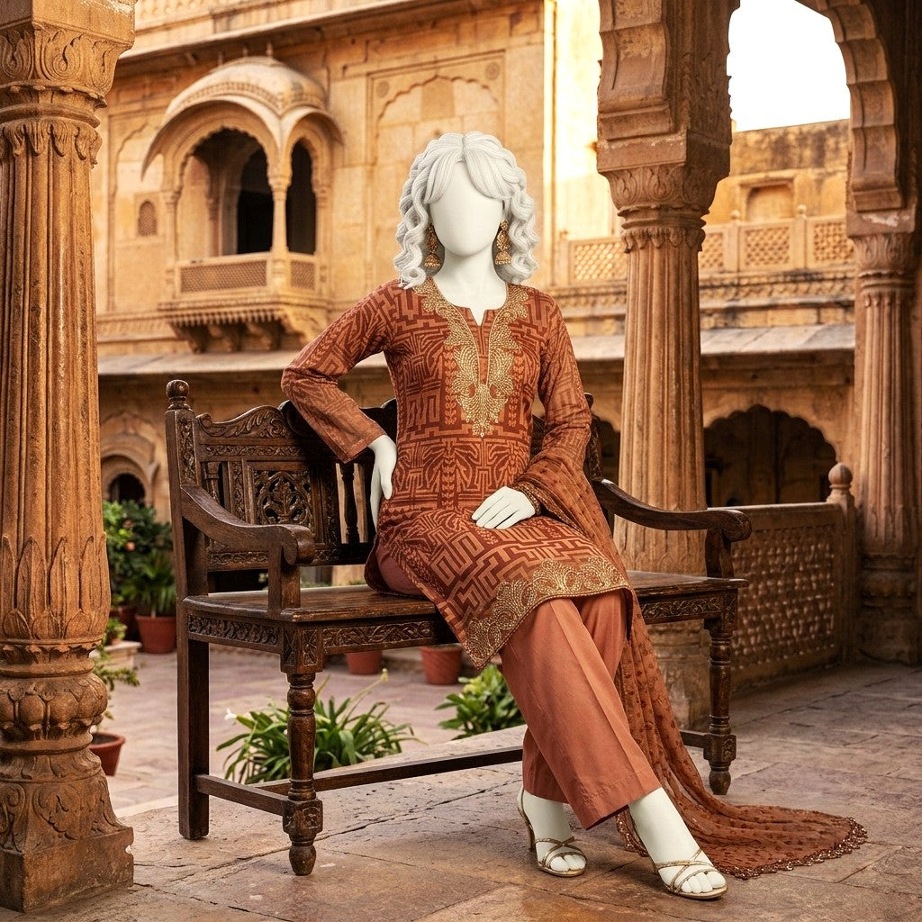 A mannequin seated on a traditional bench, showcasing the elegant combination of the geometric lawn shirt, solid trousers, and printed dupatta.
