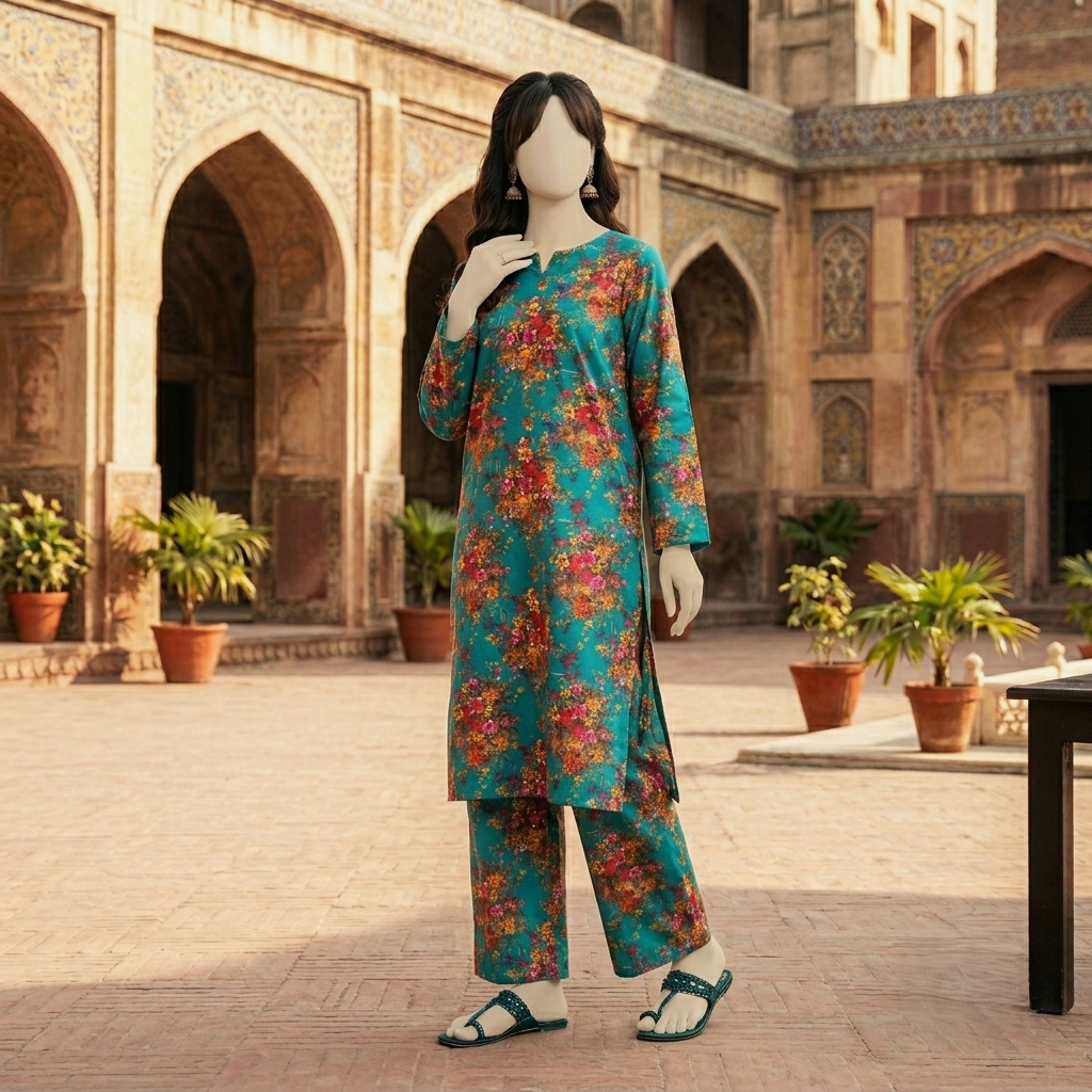 "Teal and green unstitched cotton silk shirt and trouser fabric, 2-piece set by ZH2 Store"