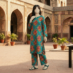 "Teal and green unstitched cotton silk shirt and trouser fabric, 2-piece set by ZH2 Store"