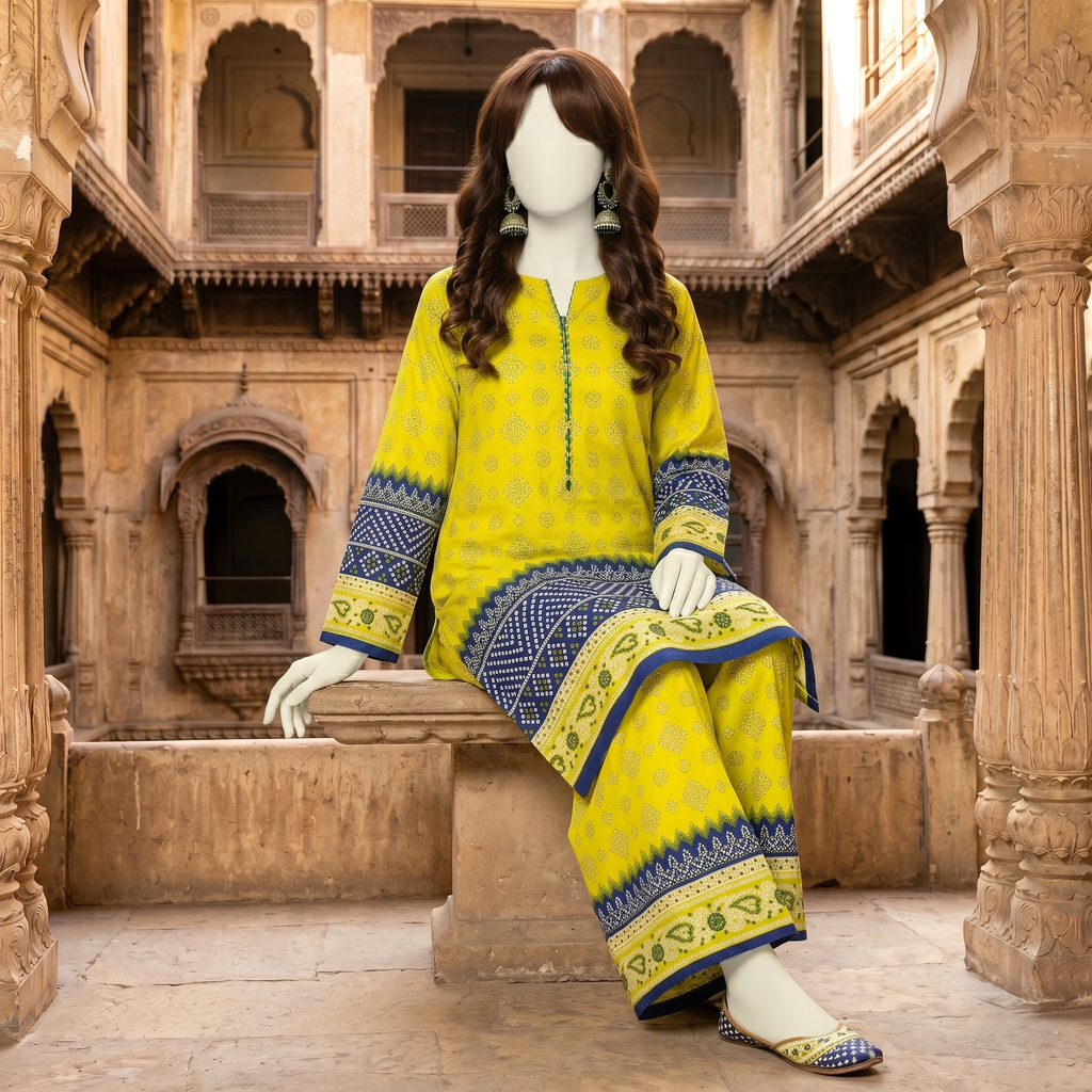 A seated pose of the lime yellow unstitched lawn suit, highlighting the intricate print work and the quality of the breathable cotton fabric.