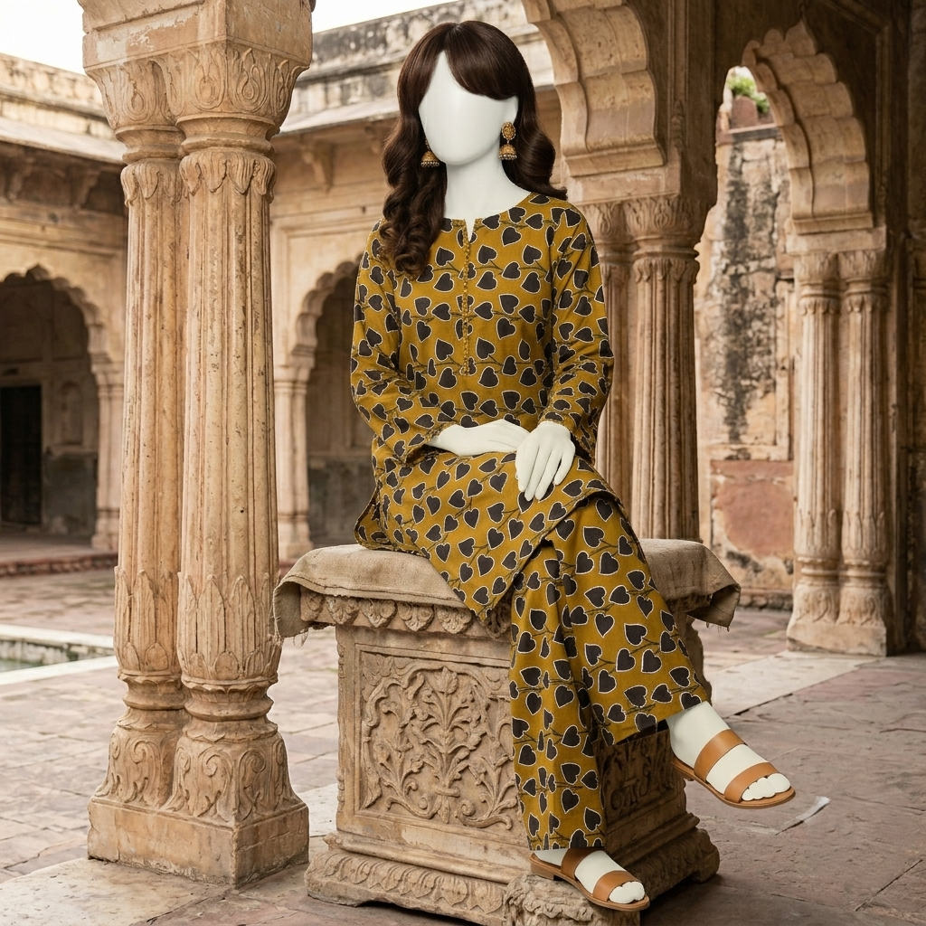 "Premium heart-print unstitched cotton fabric set shown on mannequin"