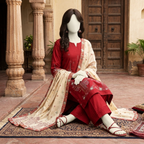 A mannequin seated, showcasing the full ensemble of the crimson lawn suit with the elegant light-toned dupatta draped gracefully.