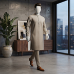 A professional standing view of the Earthy Brown Shalwar Kameez, emphasizing the tailored fit from ZH2 Store.