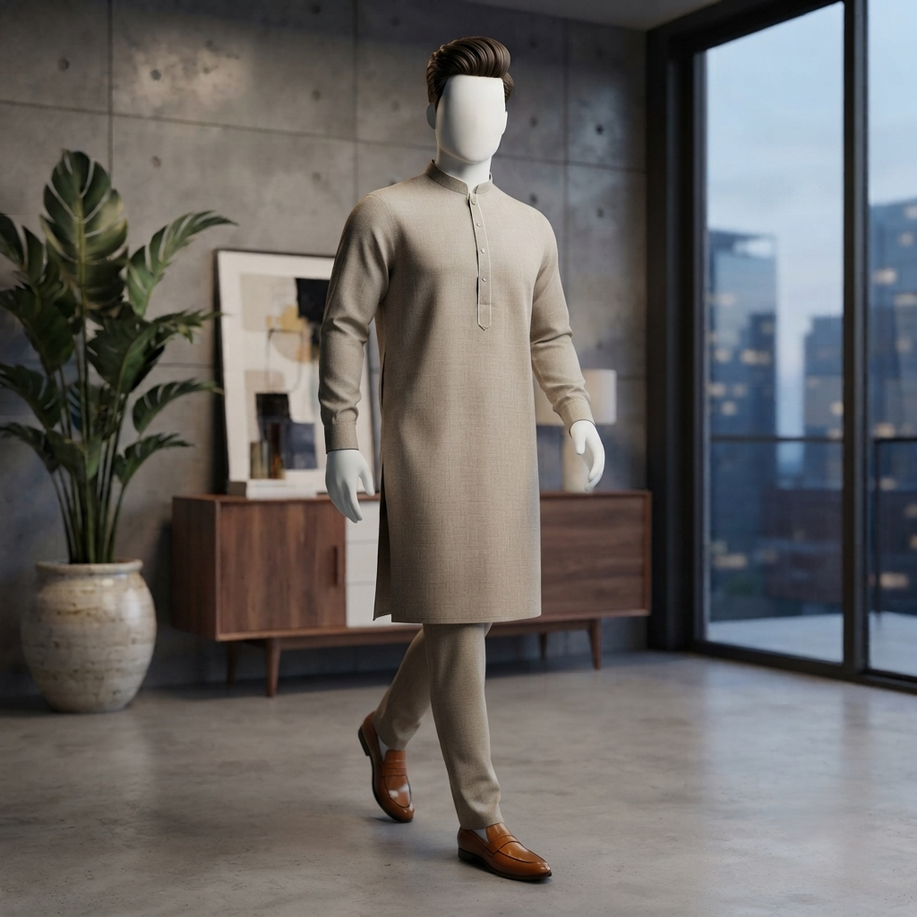 A professional standing view of the Earthy Brown Shalwar Kameez, emphasizing the tailored fit from ZH2 Store.