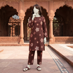 "Brown  floral printed unstitched 2-piece cotton suit for women by ZH2 Store."
