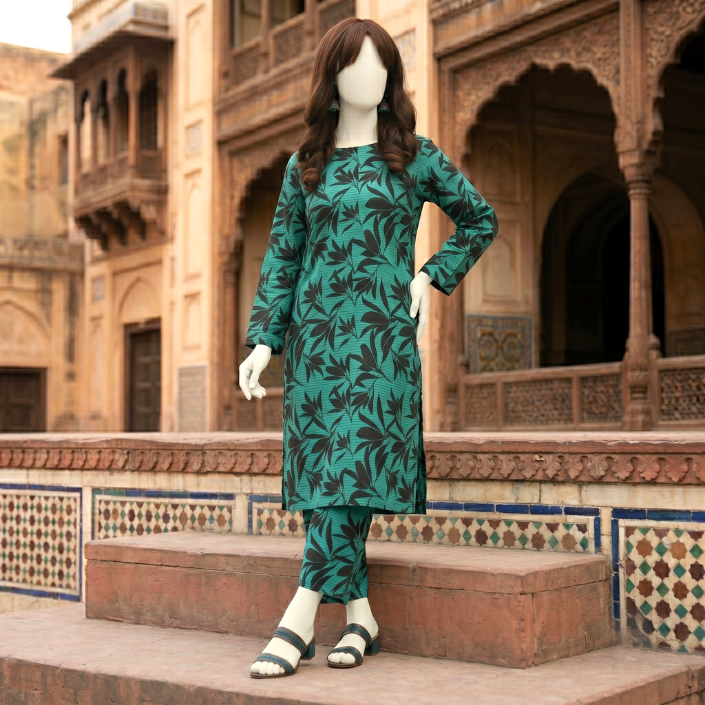 Mannequin wearing an elegant 2-piece unstitched cotton-silk suit with intricate print, ZH2 Store.