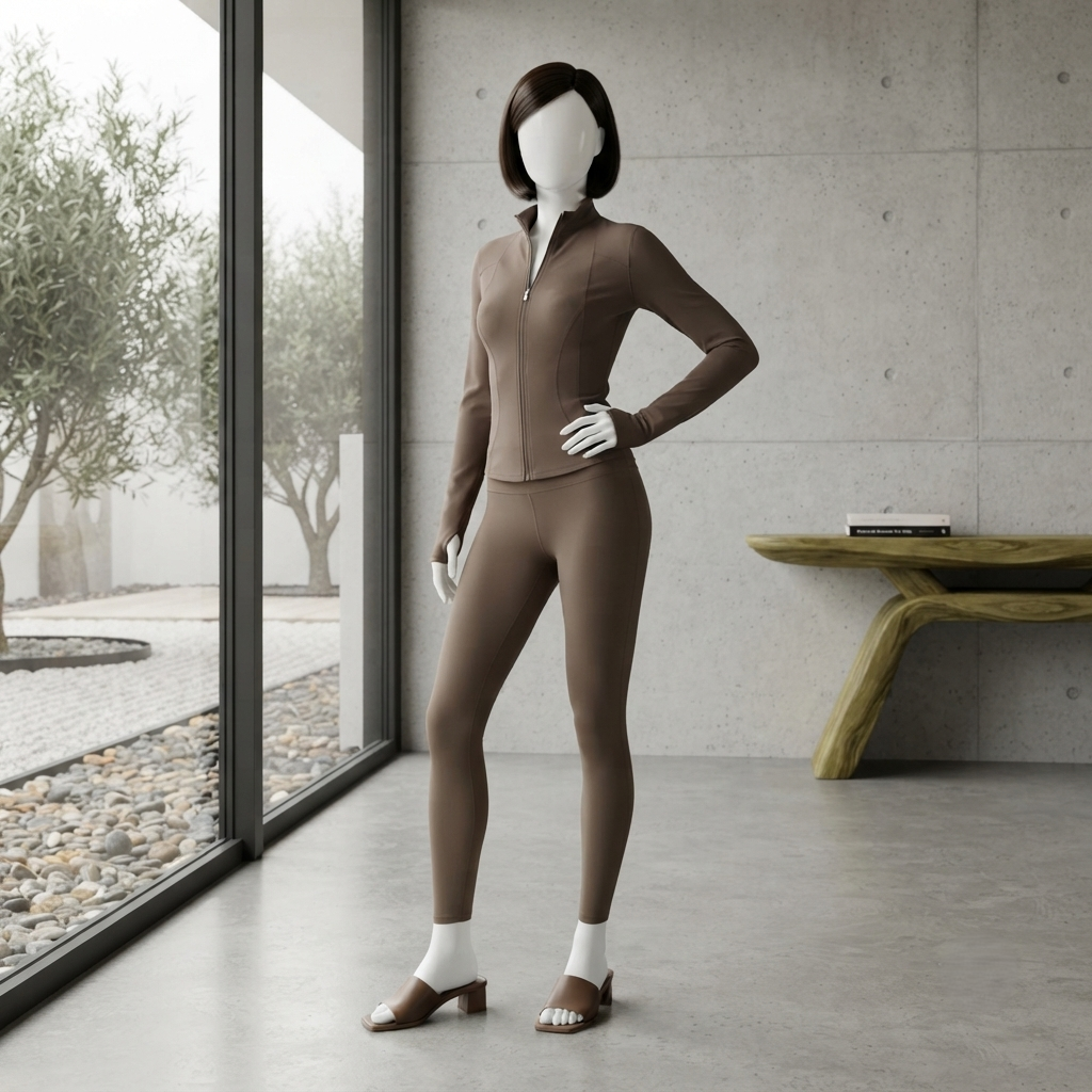 A mannequin styled in a rich brown zip-up gym suit, positioned in an elegant, sunlit interior with glass windows.