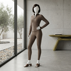 A mannequin styled in a rich brown zip-up gym suit, positioned in an elegant, sunlit interior with glass windows.