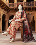 Model showcase of designer 3-piece chikankari suit featuring rich red floral motifs and contrast dupatta