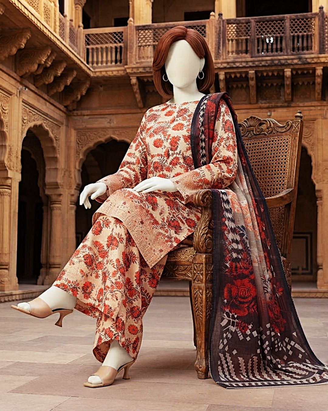Model showcase of designer 3-piece chikankari suit featuring rich red floral motifs and contrast dupatta