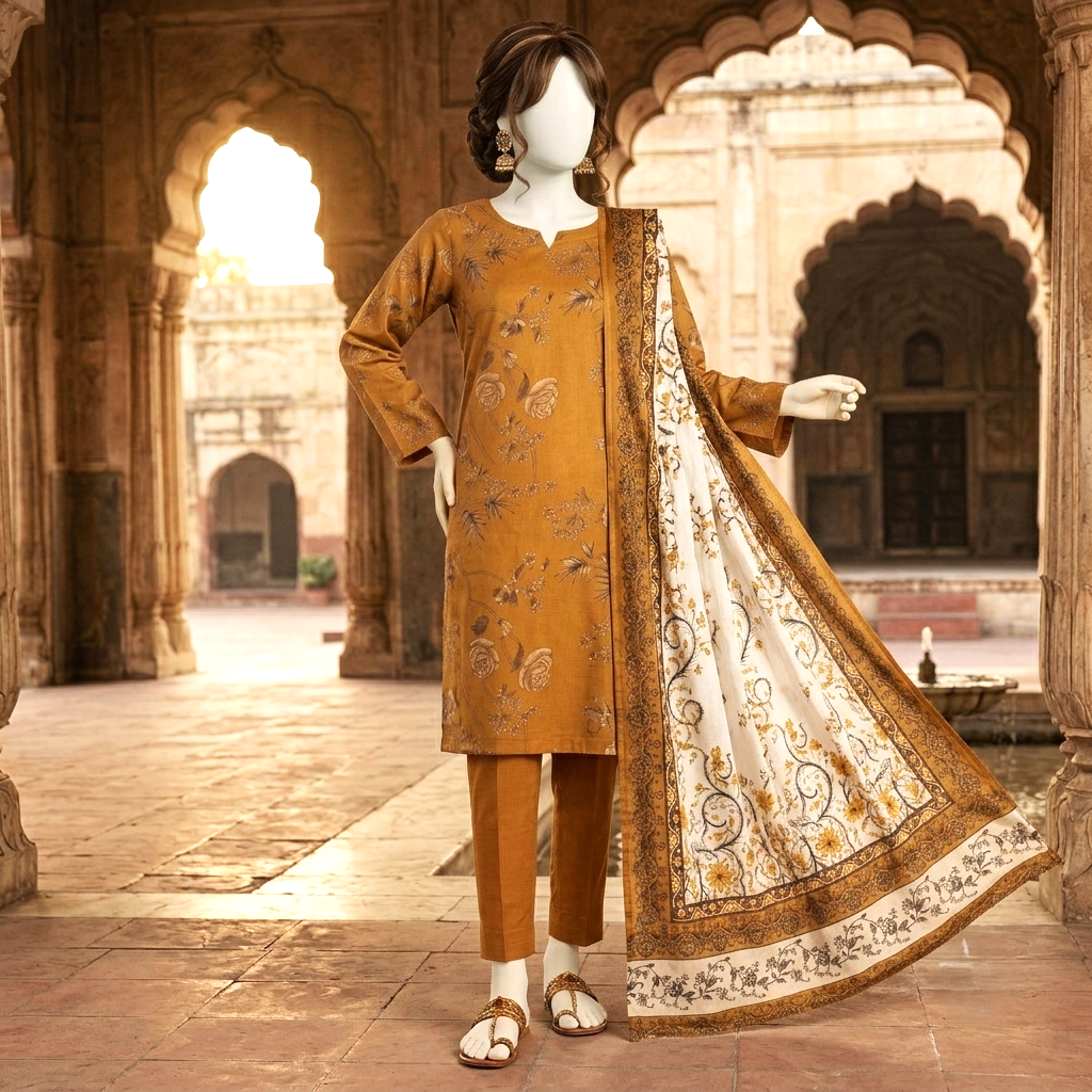 Mustard floral embroidered 3-piece unstitched lawn suit displayed on a mannequin, ZH2 Store
