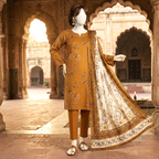Mustard floral embroidered 3-piece unstitched lawn suit displayed on a mannequin, ZH2 Store