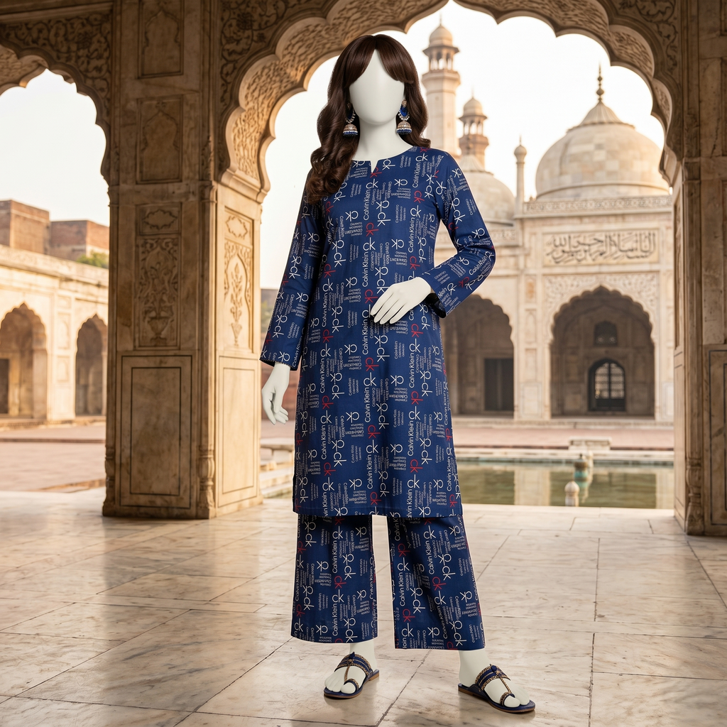 "Woman wearing a premium cotton-silk unstitched 2-piece suit with a monochrome floral print from ZH2 Store."